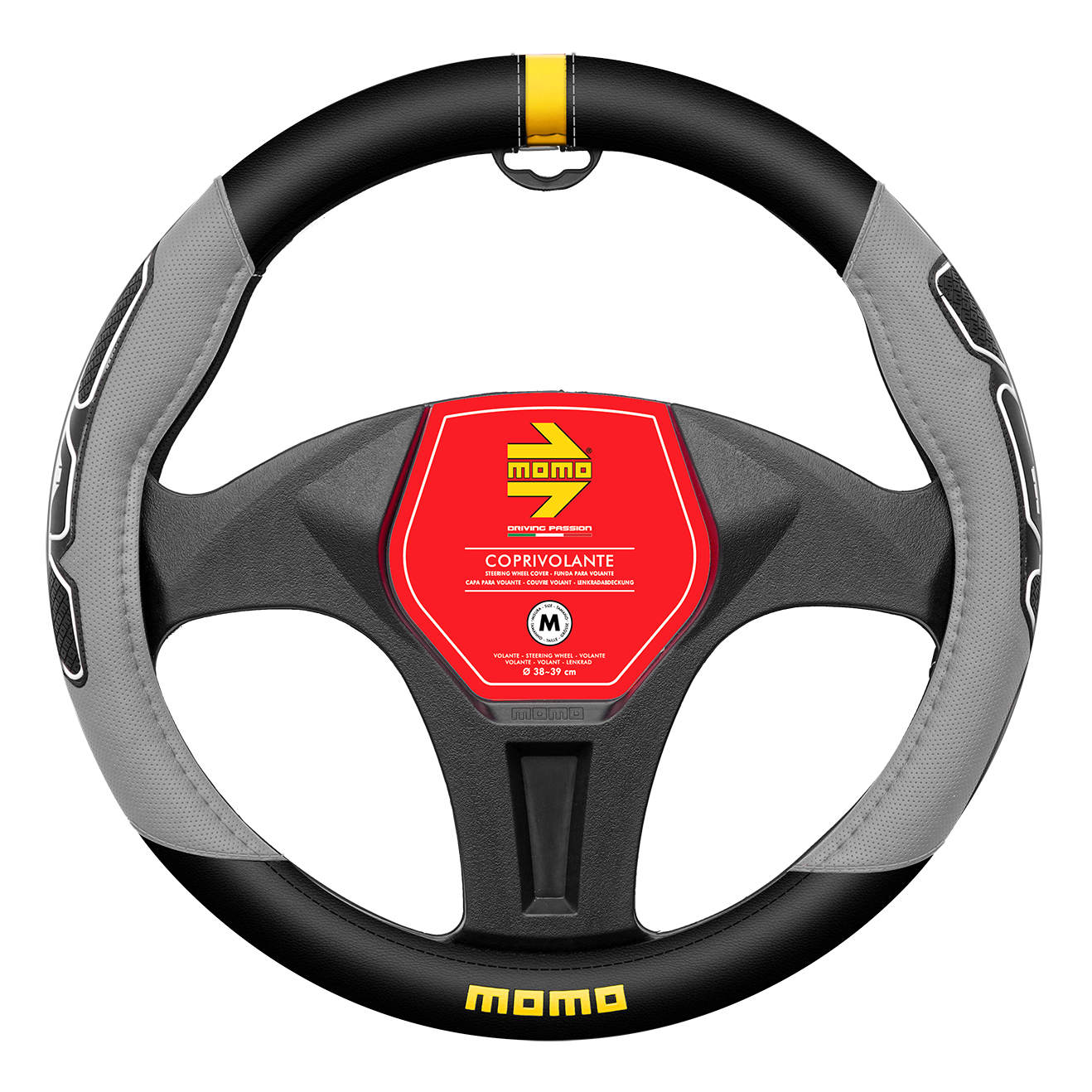 MOMO Fun Steering Wheel Cover Yellow Logo Black/Grey M – SWC0FUNBG
